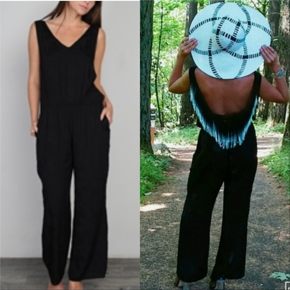 Pants - Black Jumpsuit Sassy Fringe Detail